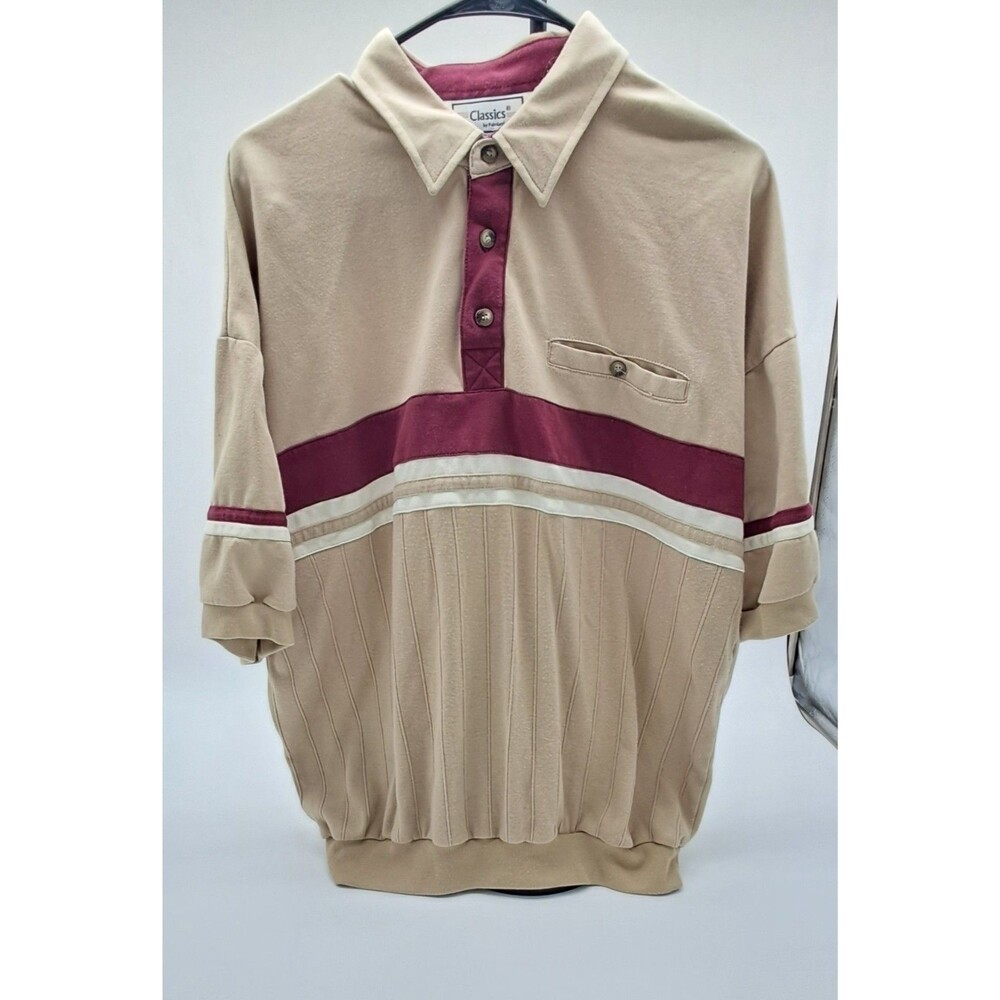 Vintage Palmland Polo Shirt Men's Medium Banded Bottom Taupe Grandpa Retro Knit